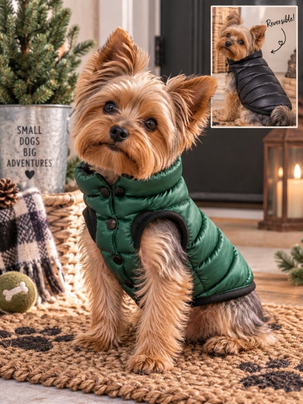 XS-S Reversible Dog Puffer Vest Green & Black Winter Coat Small Dog